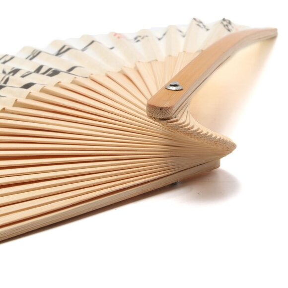 Vintage Japanese Bamboo Folding Hand Fan Paper Wood Watercolour Paint Cream Tan - Picture 6 of 11